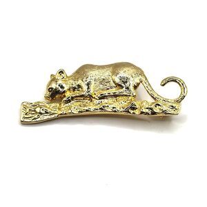 Gold Cat Lapel Pin on Branch Pin Brooch